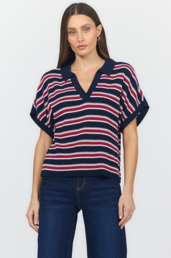 Yelena Striped Open-Collar Knit Top