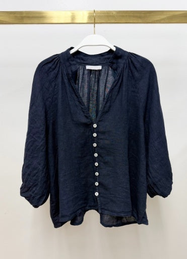 Linen Balloon Sleeve V-Neck Blouse