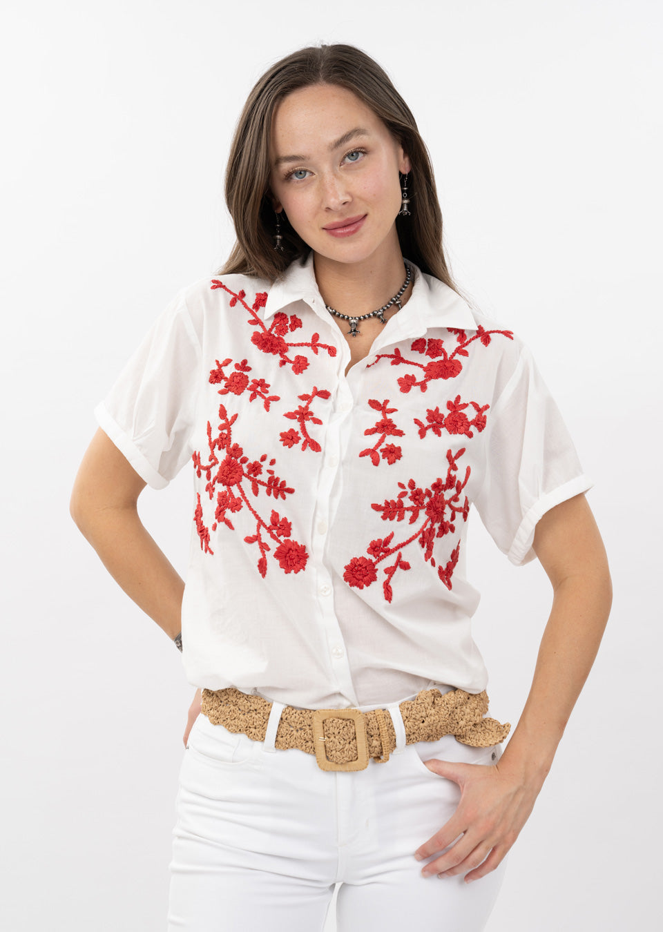 White Blouse with Red Embroidery