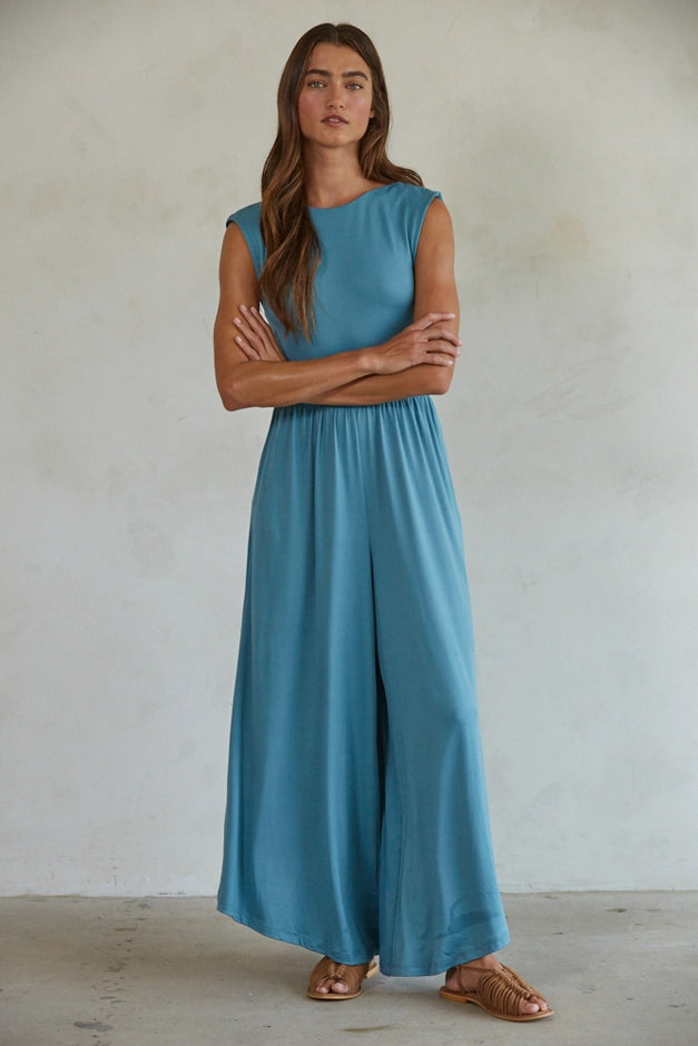 Knit Sleeveless Open Back Wide Leg Jumpsuit With Side Pockets