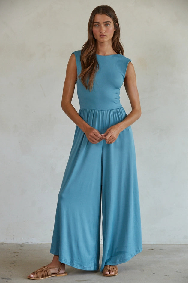 Knit Sleeveless Open Back Wide Leg Jumpsuit With Side Pockets
