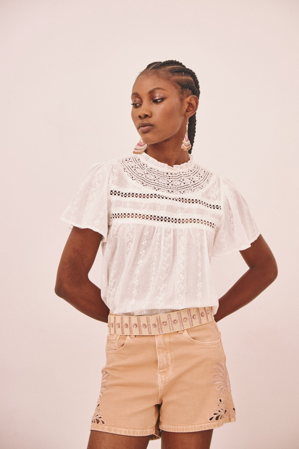 Short Sleeve Cotton Blouse with Laces