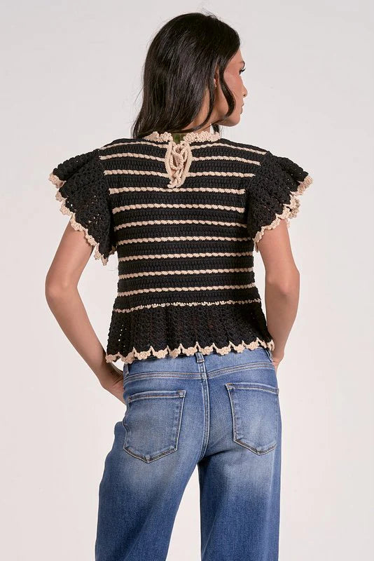 Black and White Knit Flutter Sleeve Top