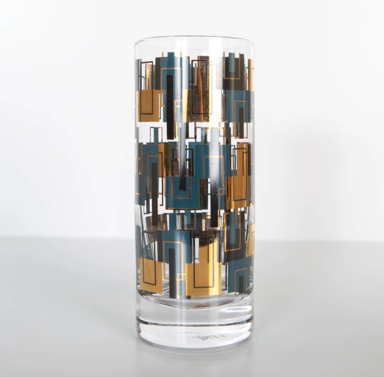 Blue and Gold Squares Mid Century Tall Highball Vintage Cocktail Glass