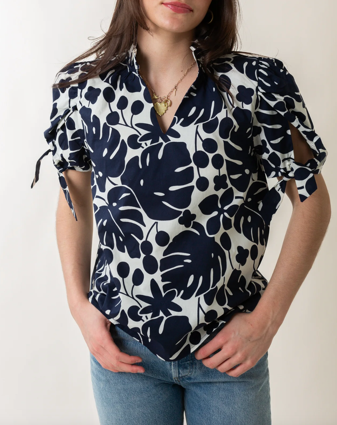 Tie Sleeve Ruffle Neck Print Top