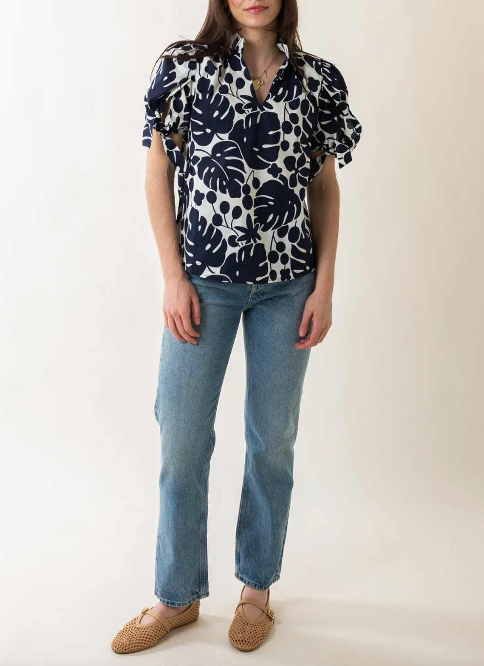 Tie Sleeve Ruffle Neck Print Top