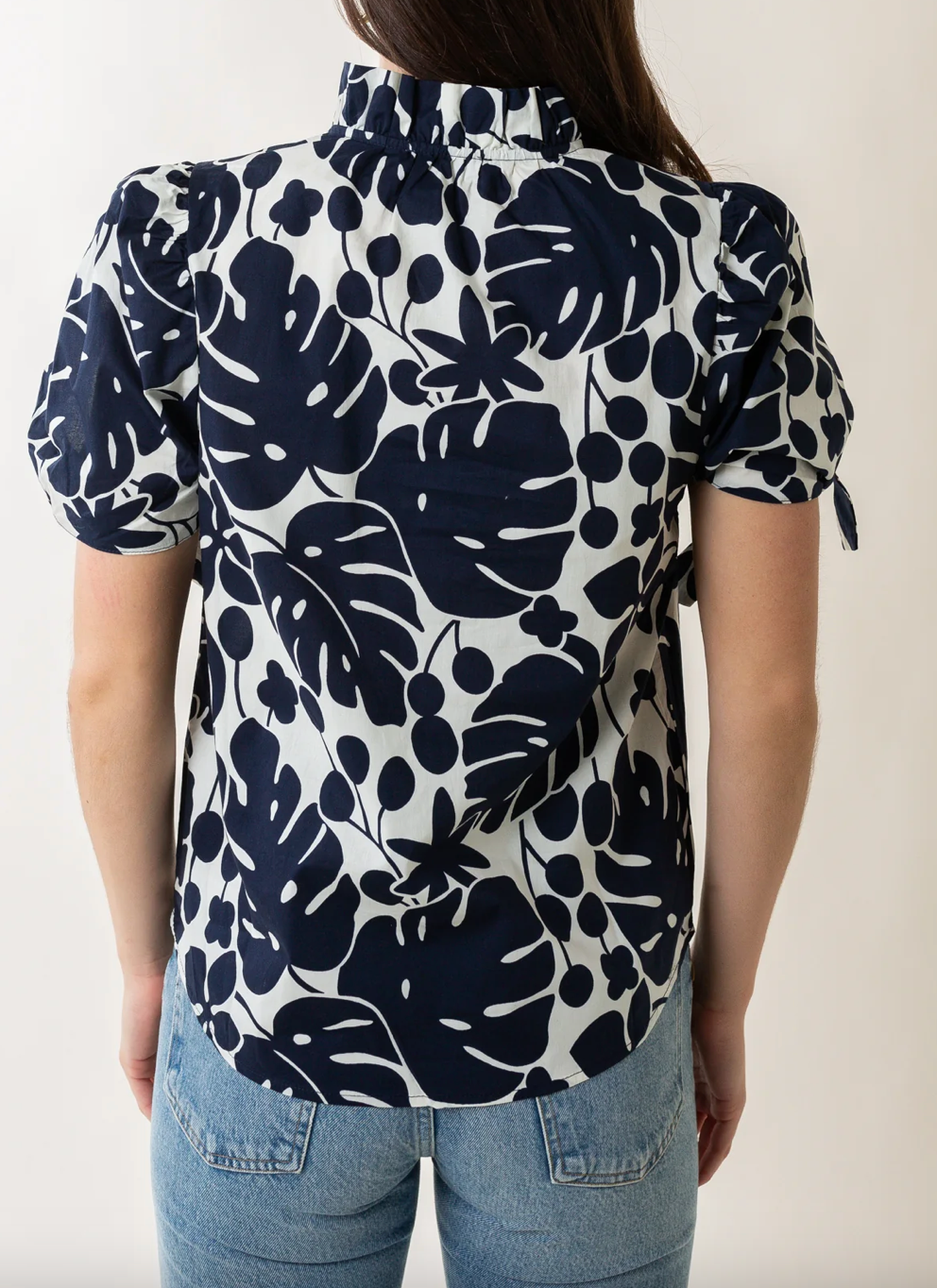 Tie Sleeve Ruffle Neck Print Top
