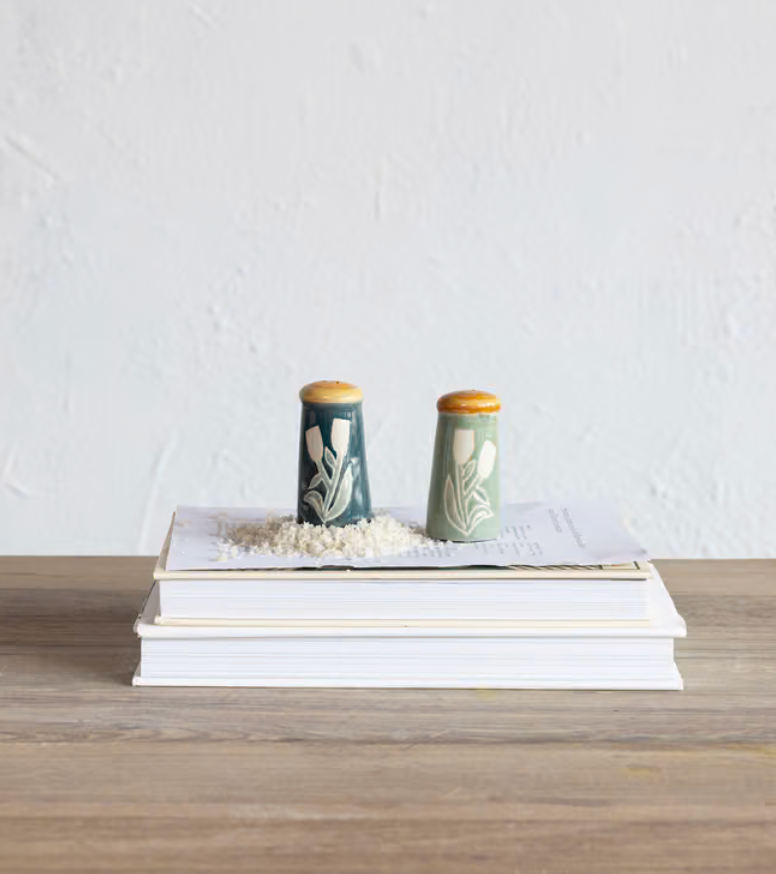 Hand-Painted Stoneware Salt & Pepper Shakers w/ Flowers, Set of 2