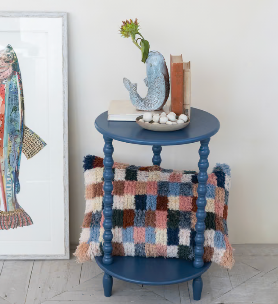 Blue Wood Table with Shelf & Turned Legs