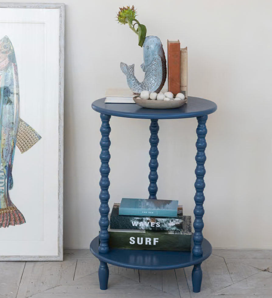 Blue Wood Table with Shelf & Turned Legs
