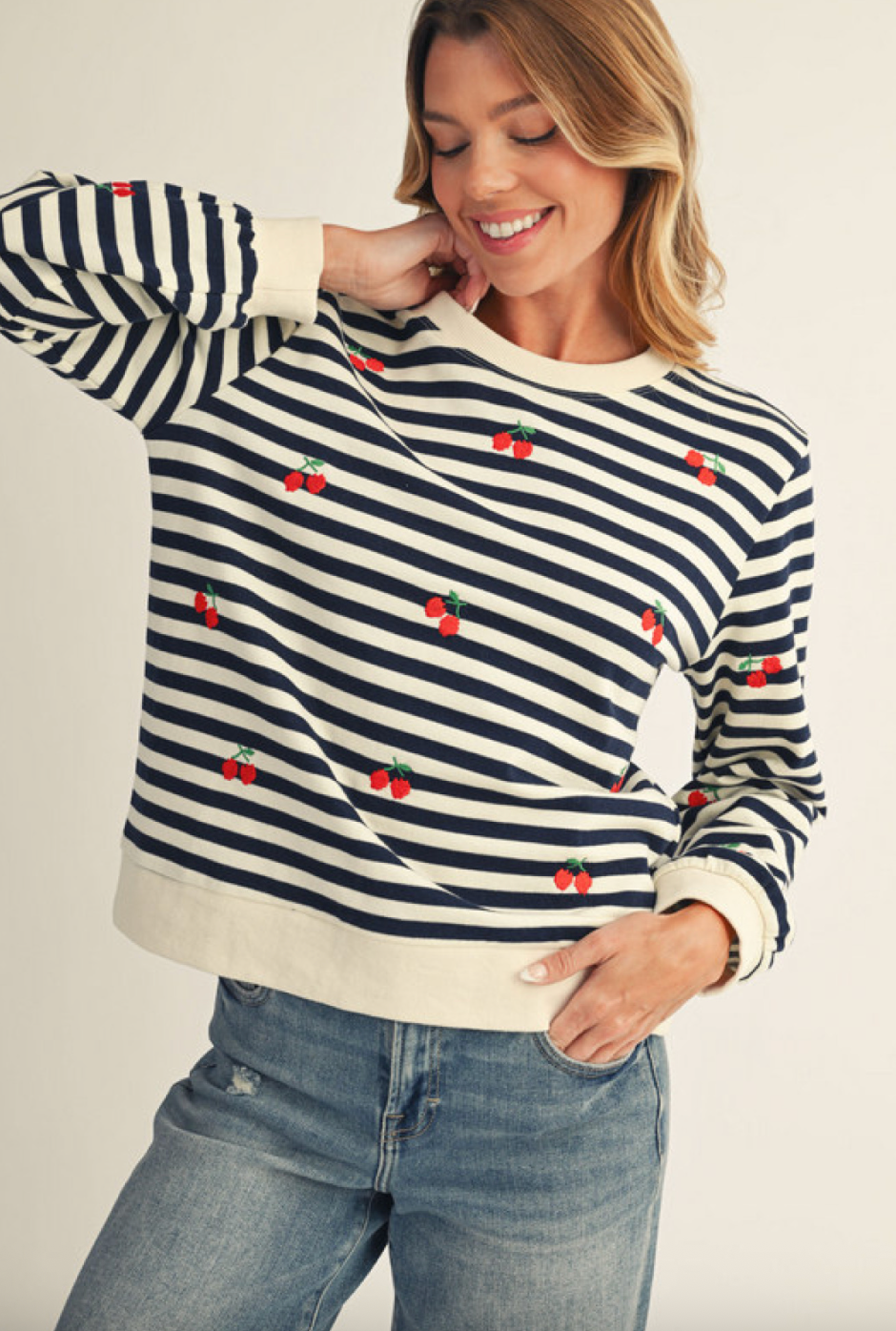 Navy and Cream Striped Sweatshirt with Cherries