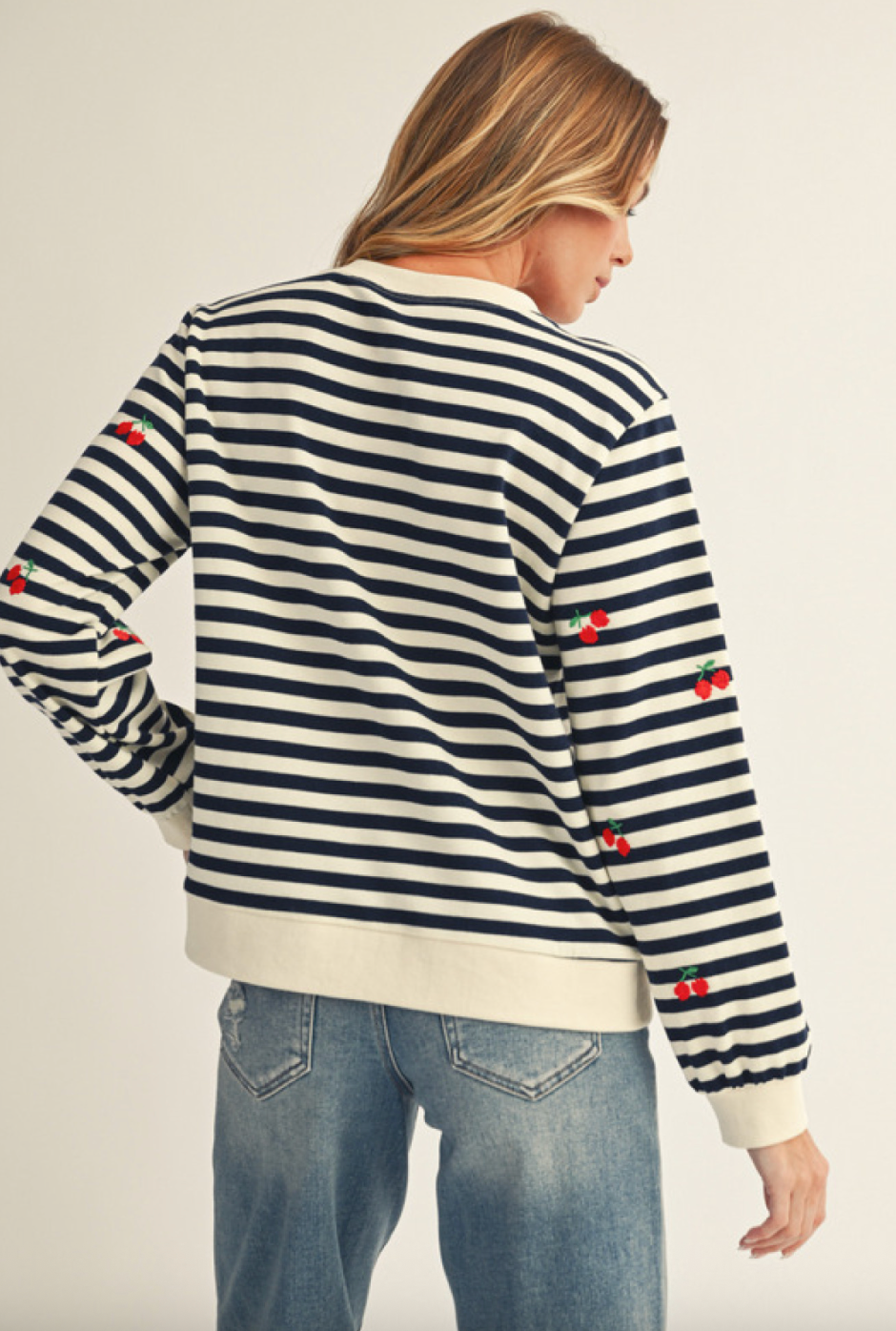 Navy and Cream Striped Sweatshirt with Cherries