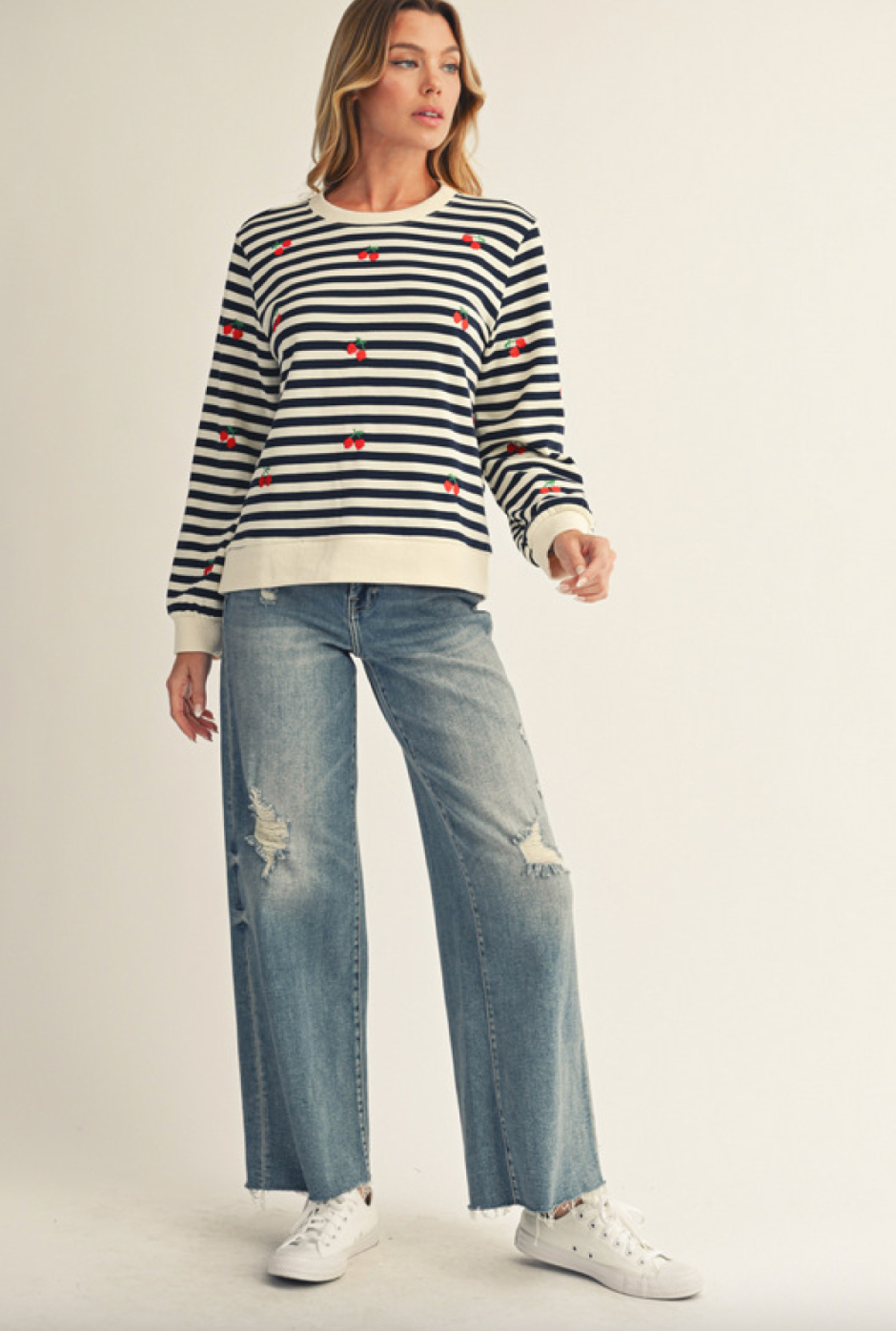 Navy and Cream Striped Sweatshirt with Cherries
