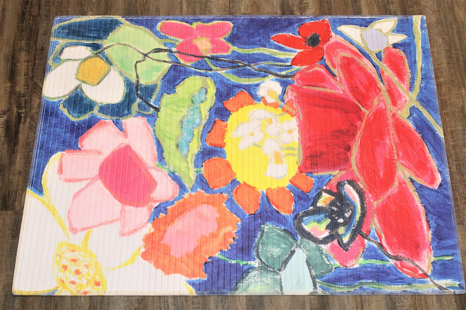 47x35" Bamboo Mat, Abstract Flowers on Teal