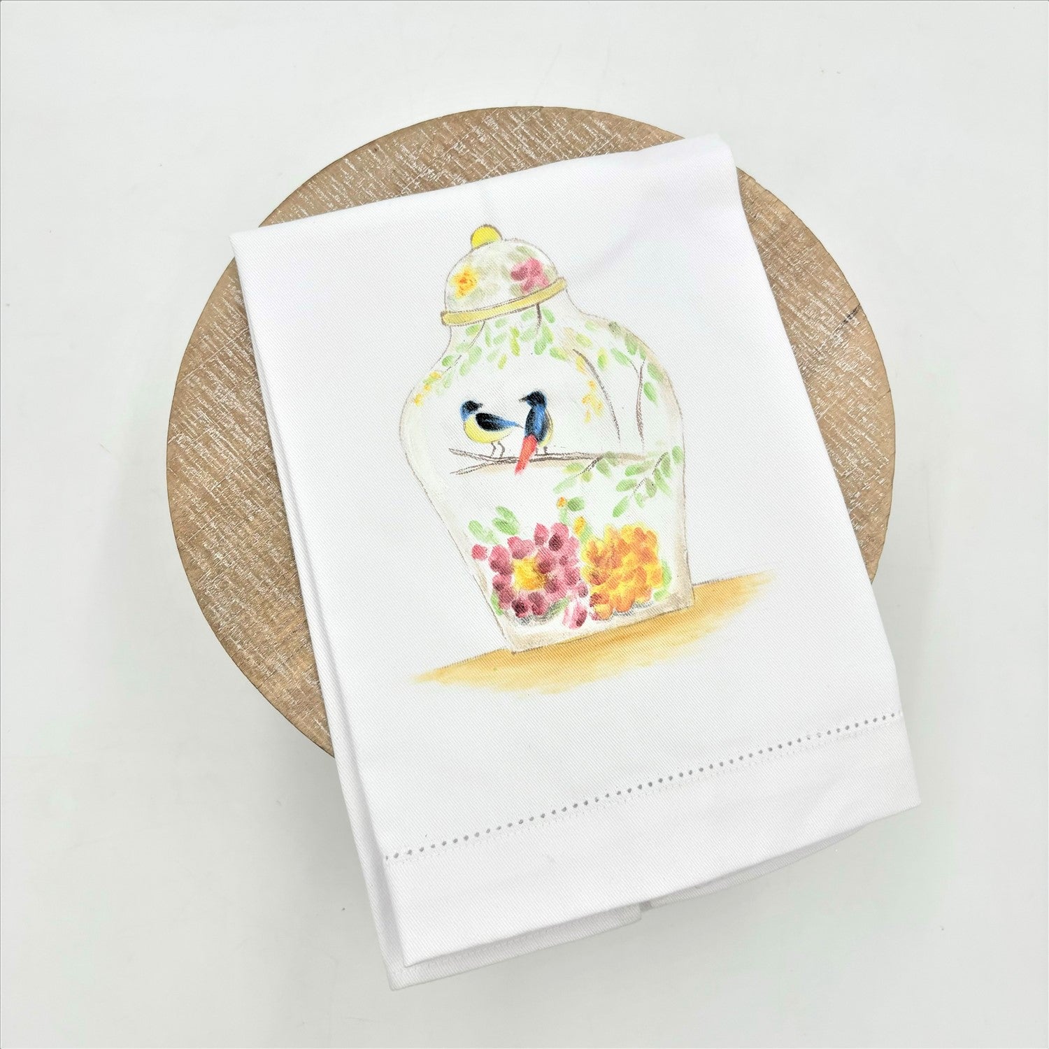 Handpainted Teatowel, Ginger Jar w/ Birds & Flowers
