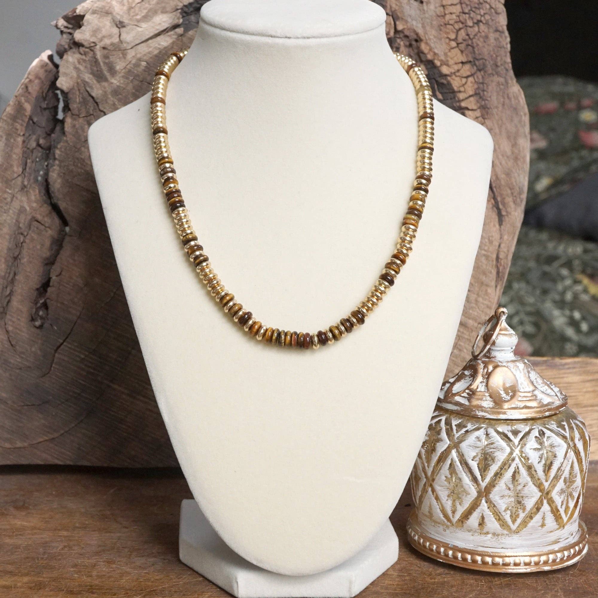 Beaded Toggle Necklace – Natural Stone & Gold-Tone Rondelle Beads