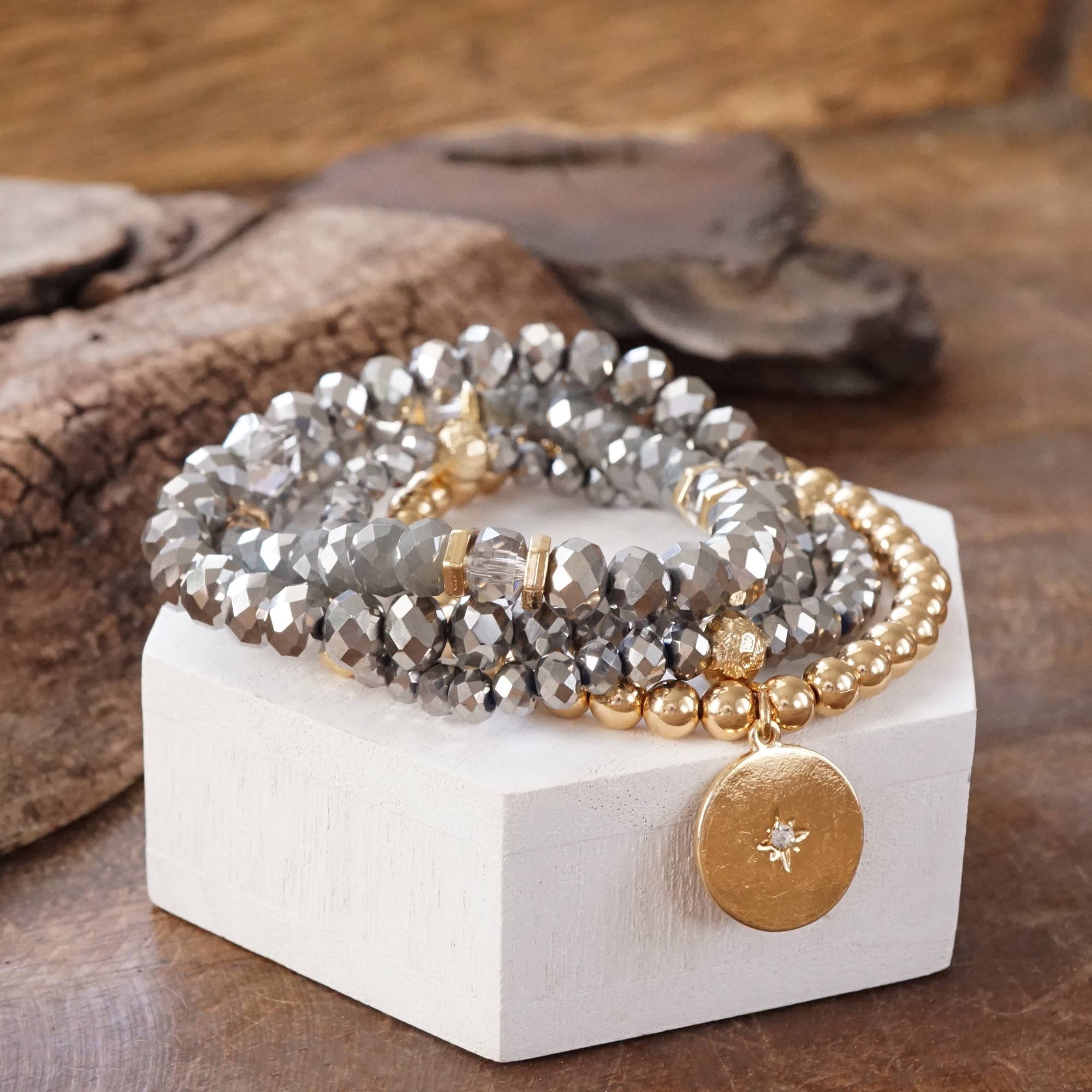 Beaded Bracelets set Gold Coin Sparkly Grey Hematite Glass Metal beads