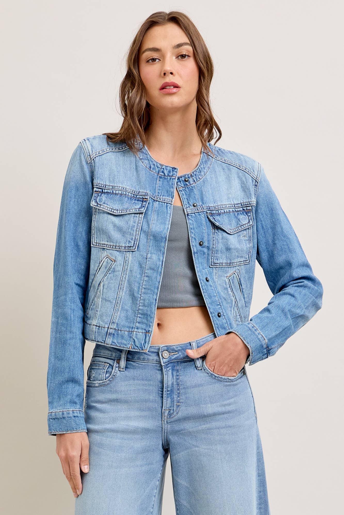 Medium Light Collarless Trucker Jacket