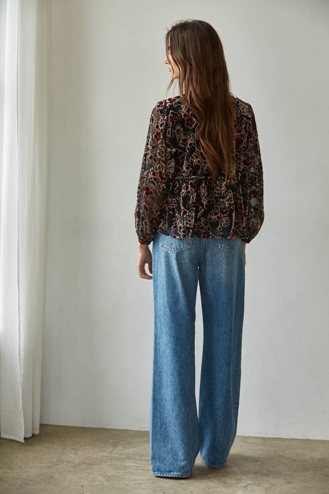 Woven Polyester Nylon Velvet Floral Print Blouse Top