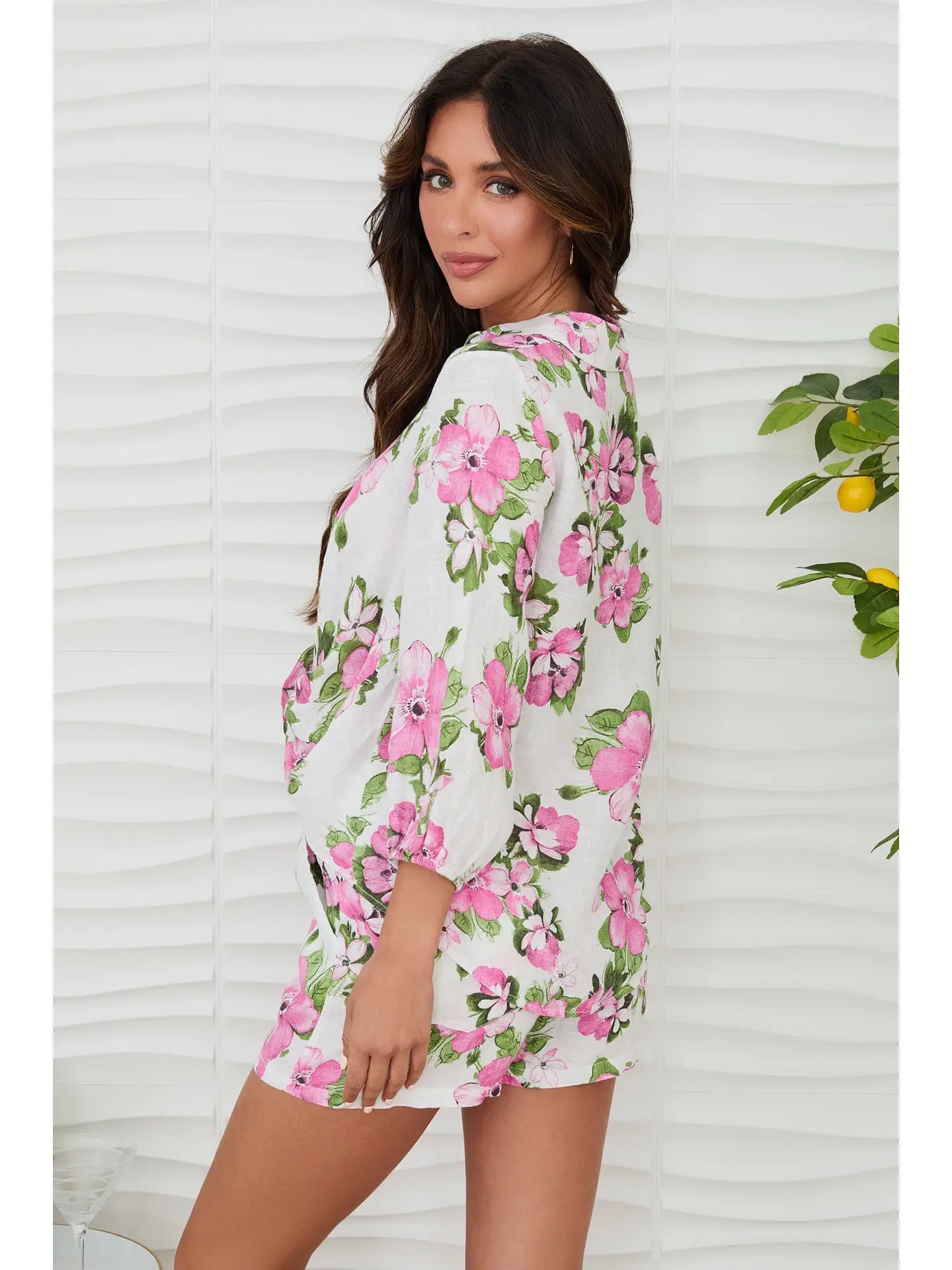 Hibiscus Rose Print Linen Long Sleeve Top