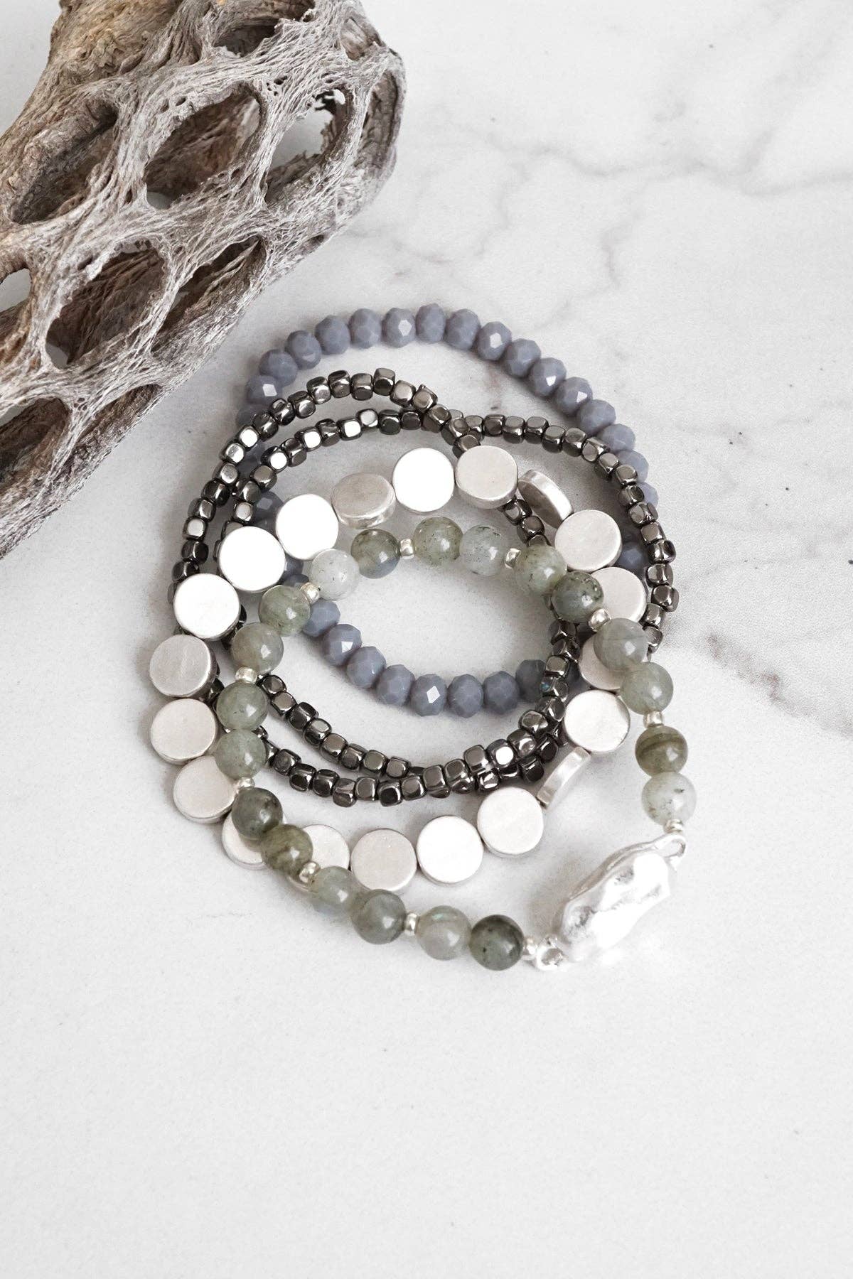 5 piece Boho Beaded Bracelet Stack Semi Precious Silver Tone