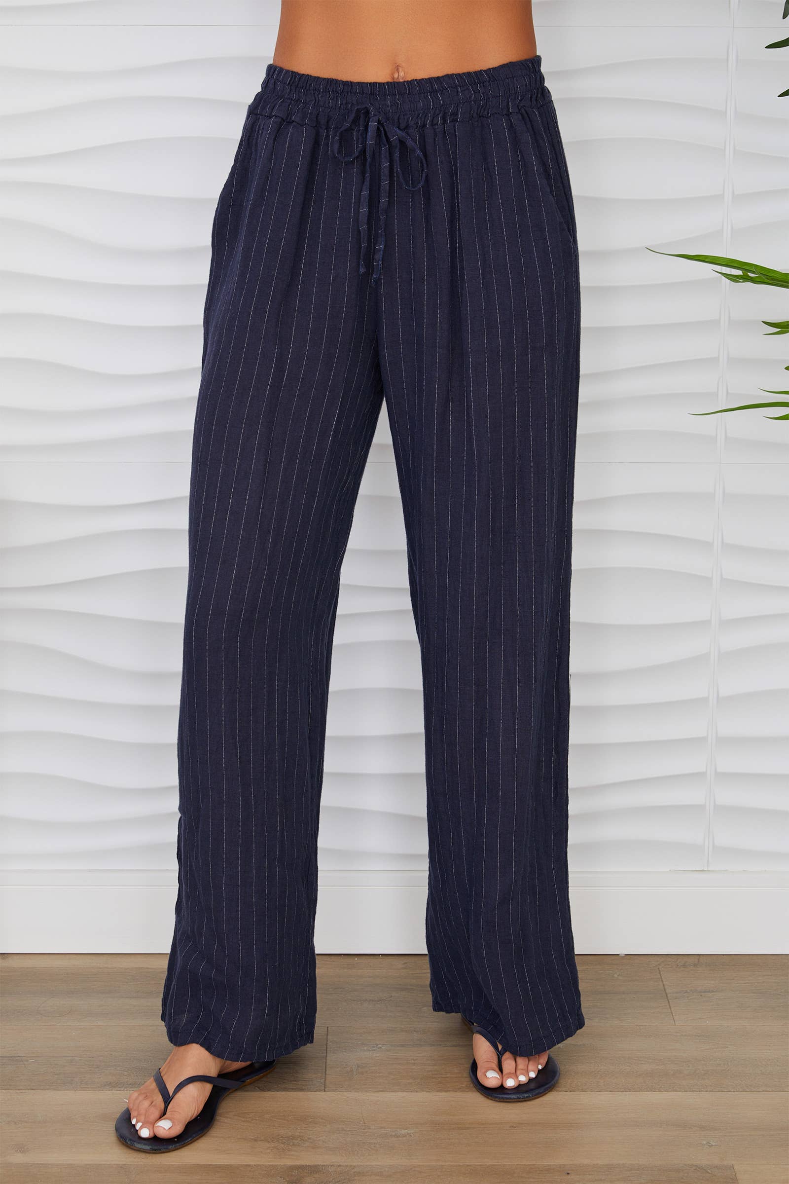 Linen Pinstripe Pants with Tie Waistband