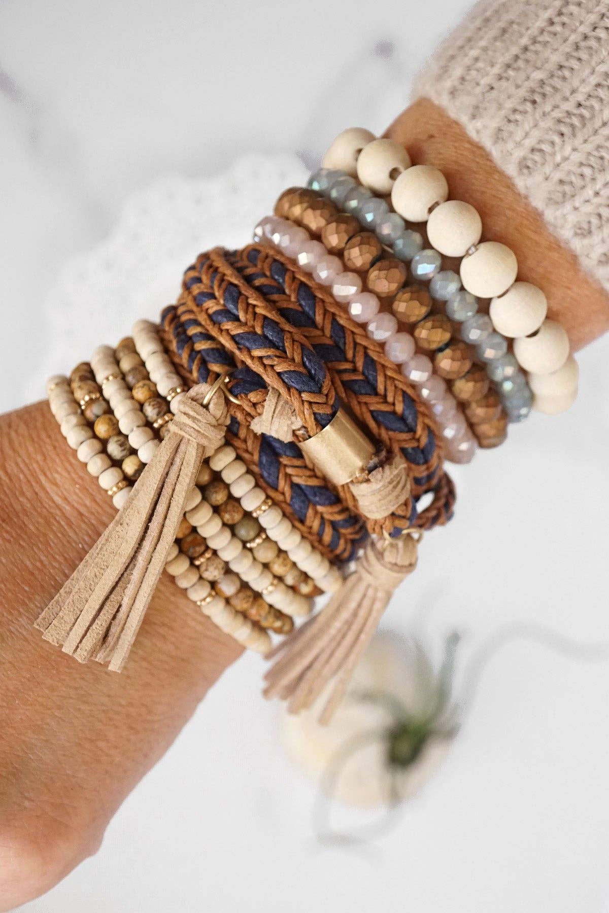 Boho Wrap Tassels and Beads Bracelet Stack in Dark Brown