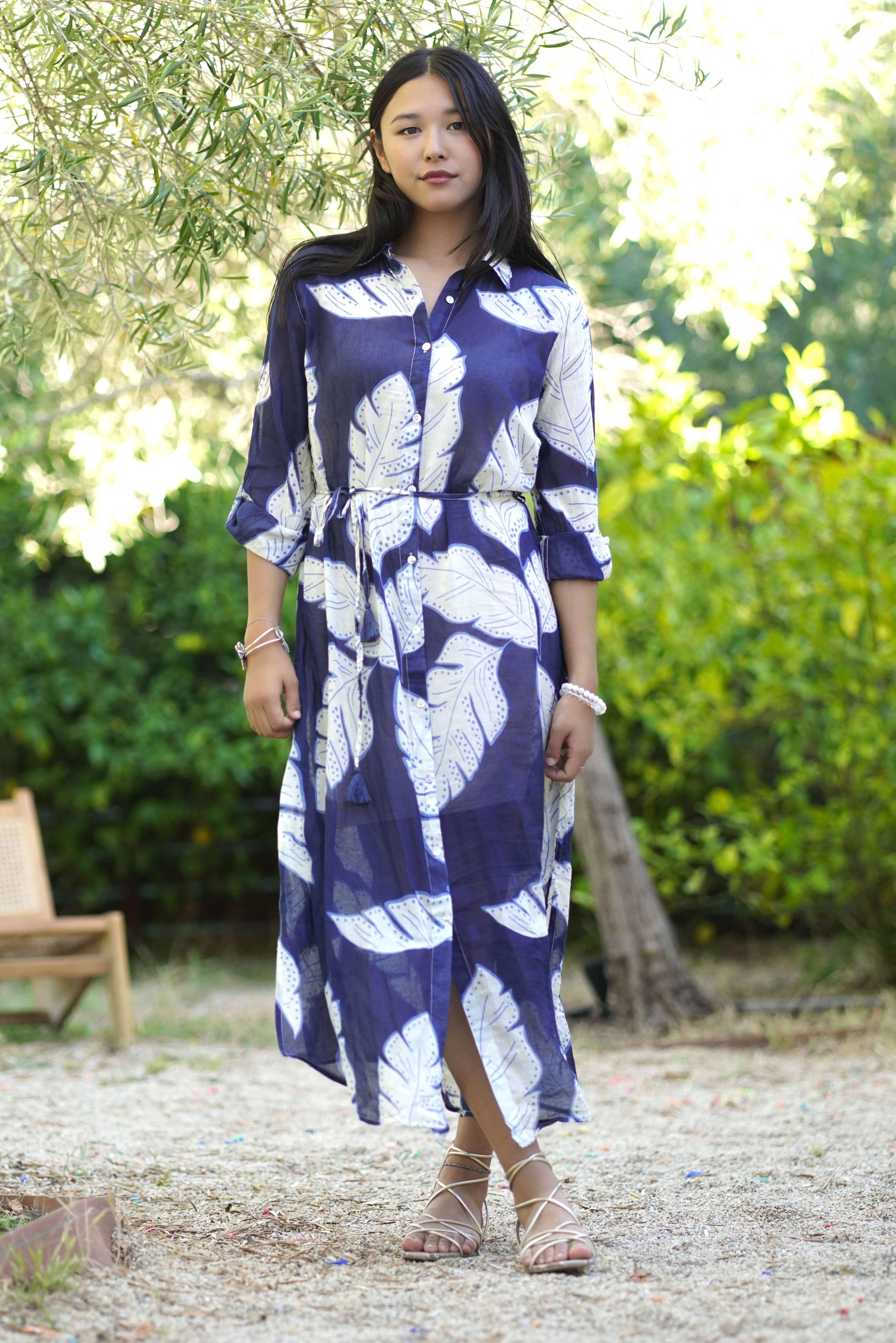 Navy Palm Leaf Shirt Dress