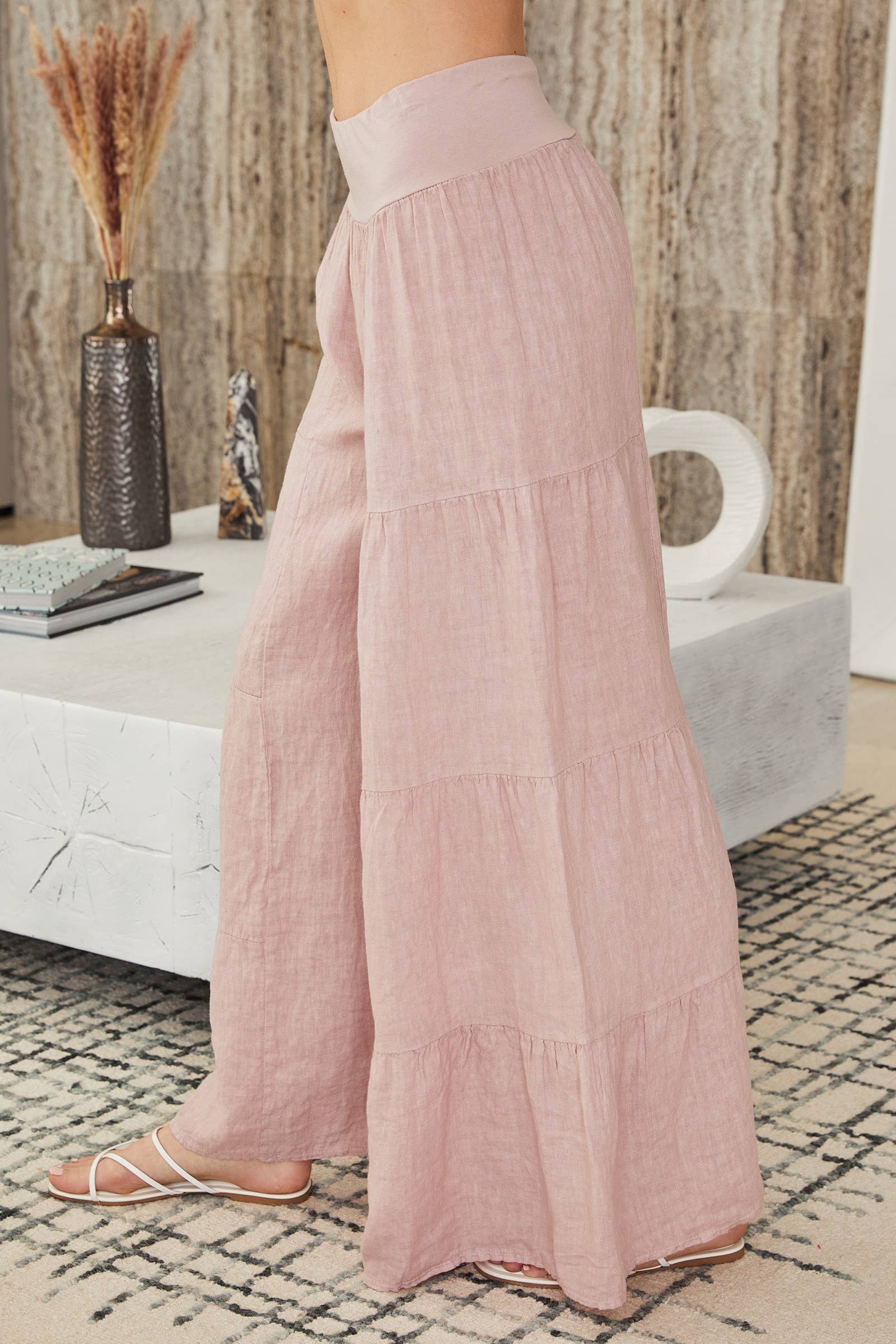 Blush Linen Tiered Palazzo Pants