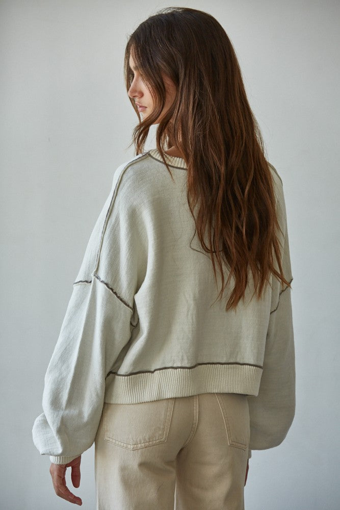 Knit Sweater Boat Neck Contrast Seam Pullover Top