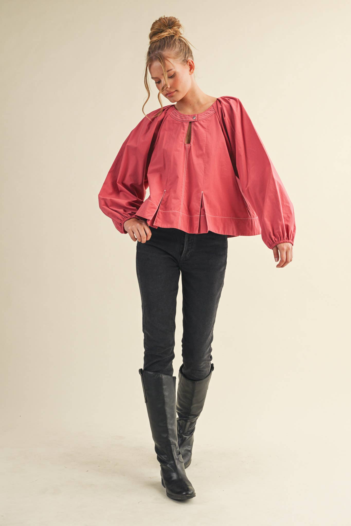 Contrast Stitch Pleated Blouse