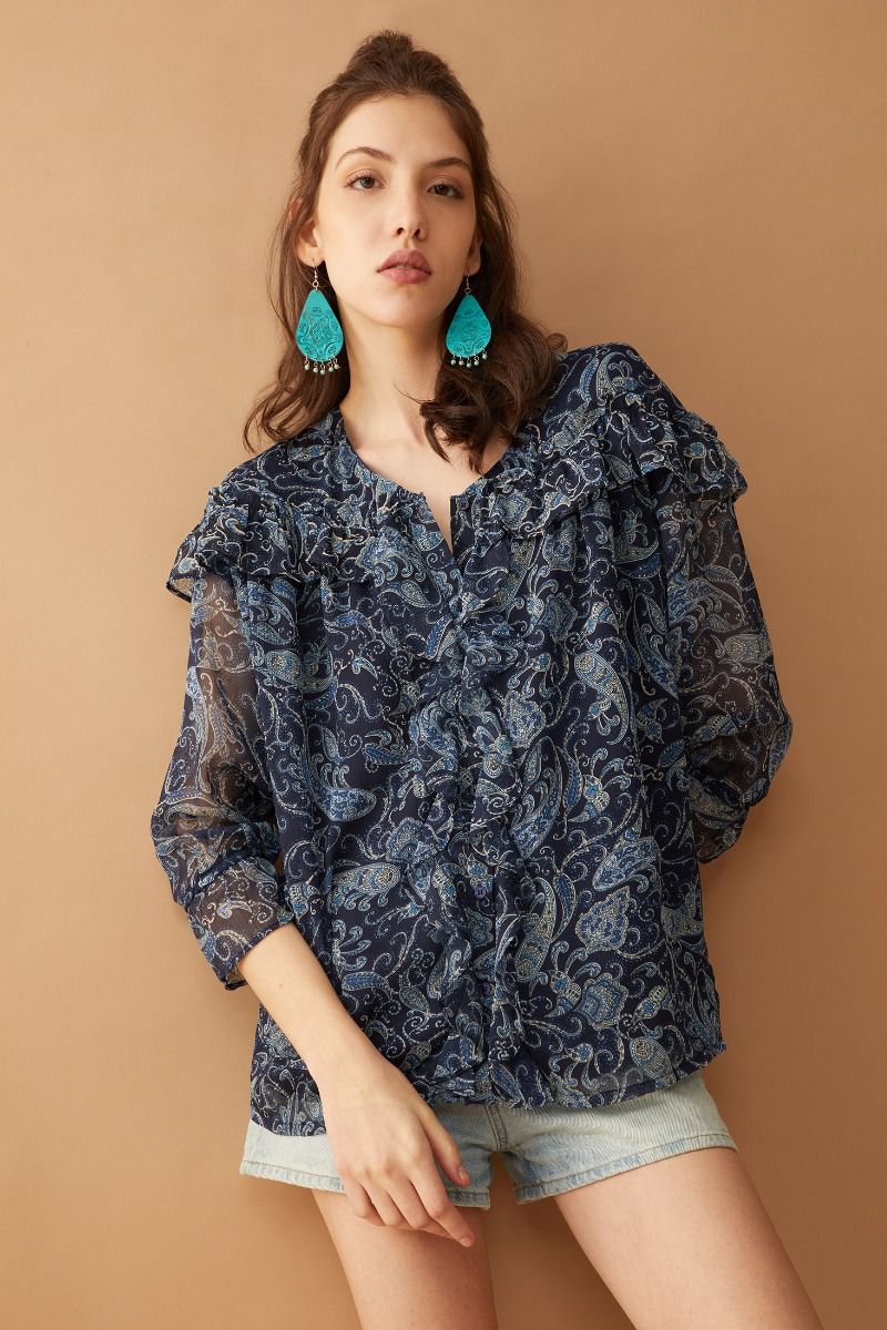 Ruffled Navy Paisley Blouse