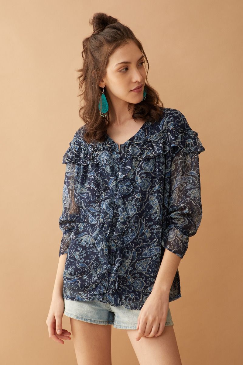 Ruffled Navy Paisley Blouse