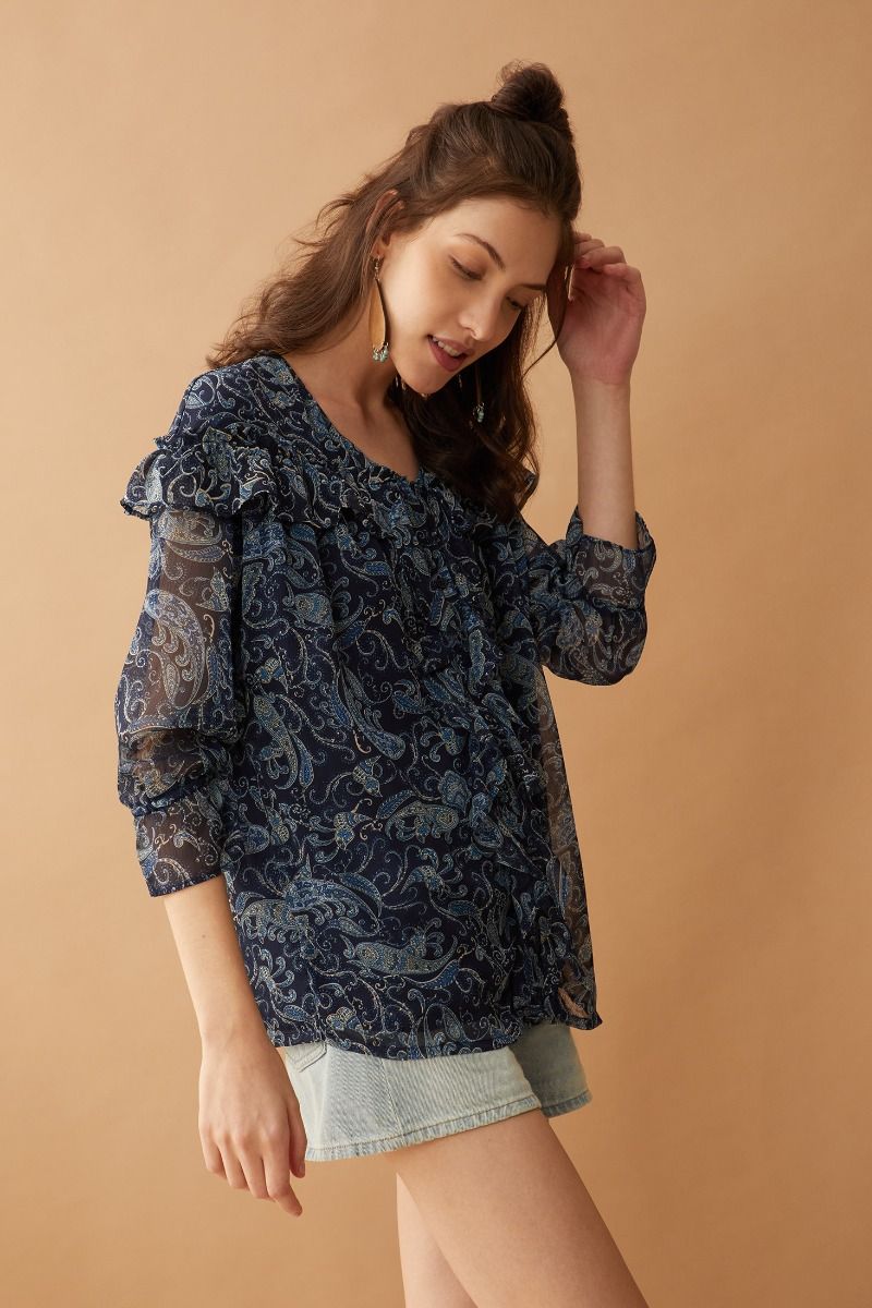 Ruffled Navy Paisley Blouse