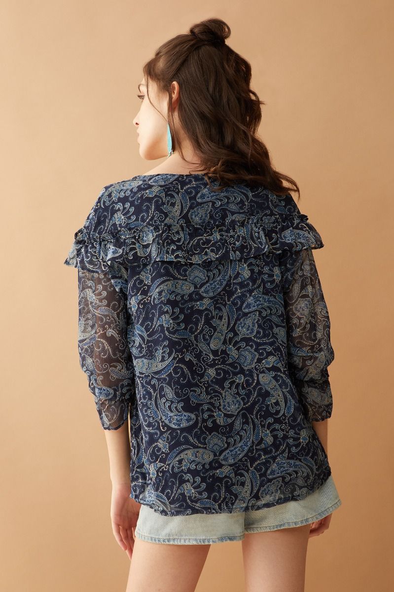 Ruffled Navy Paisley Blouse