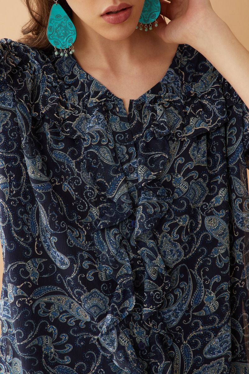 Ruffled Navy Paisley Blouse