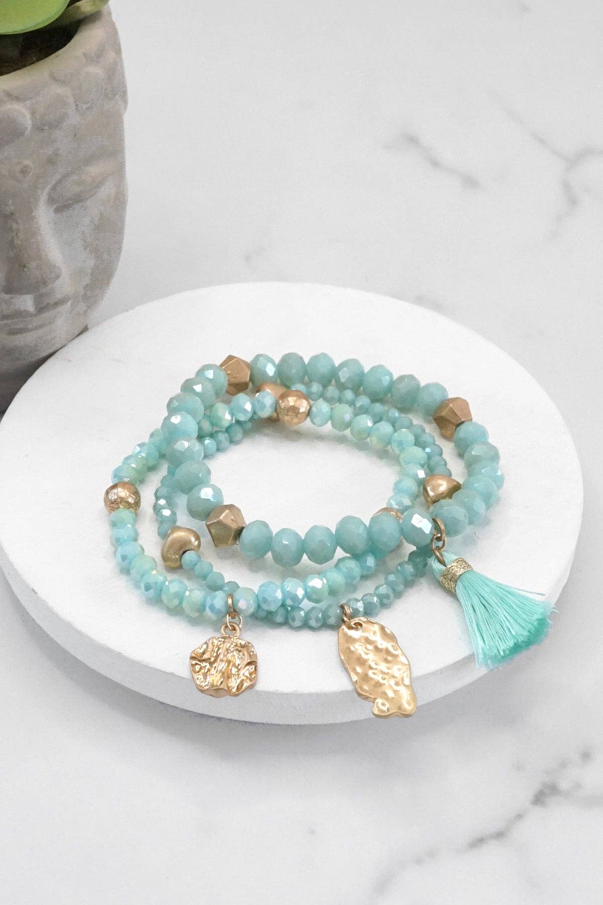 Beaded bracelet stack with tassel coin Aqua Taupe Rose Black