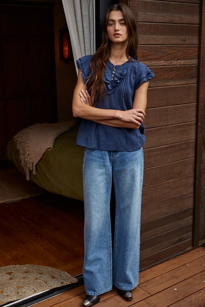 Woven Cotton Linen Button V-Neck Short Sleeve Top