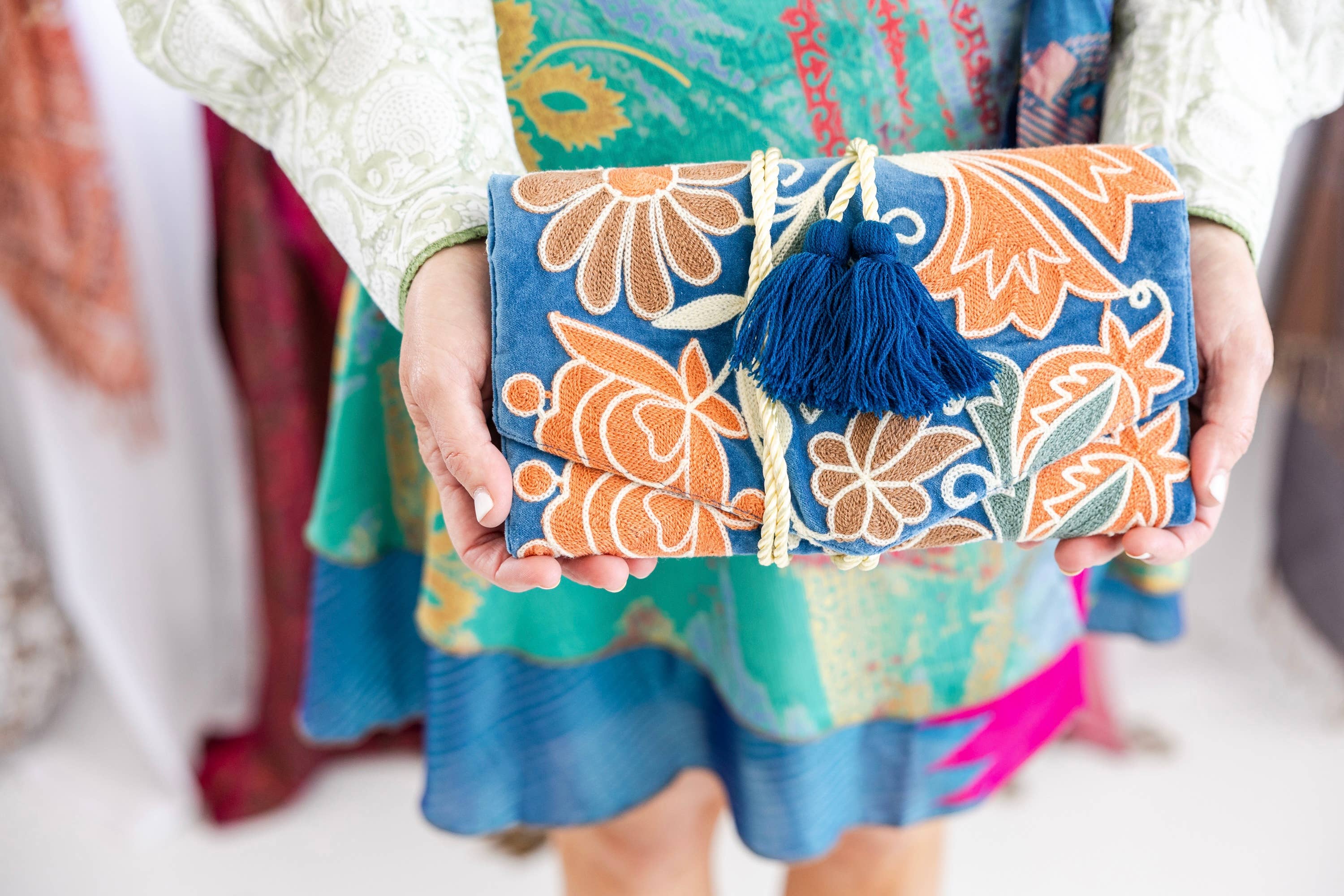 Embroidered Velvet Jewelry Organizer Blue