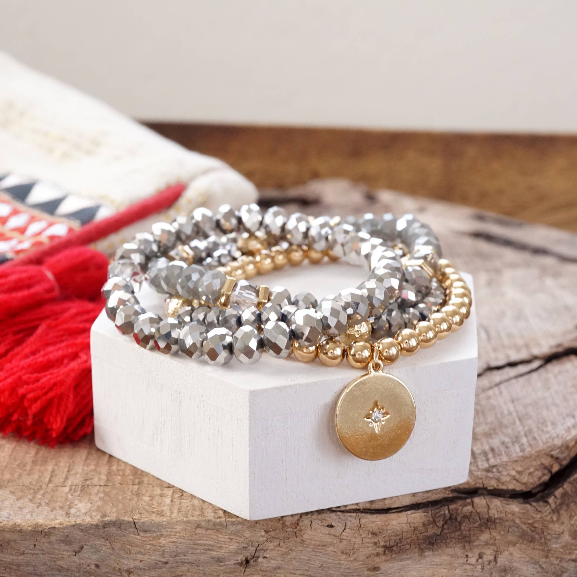 Beaded Bracelets set Gold Coin Sparkly Grey Hematite Glass Metal beads