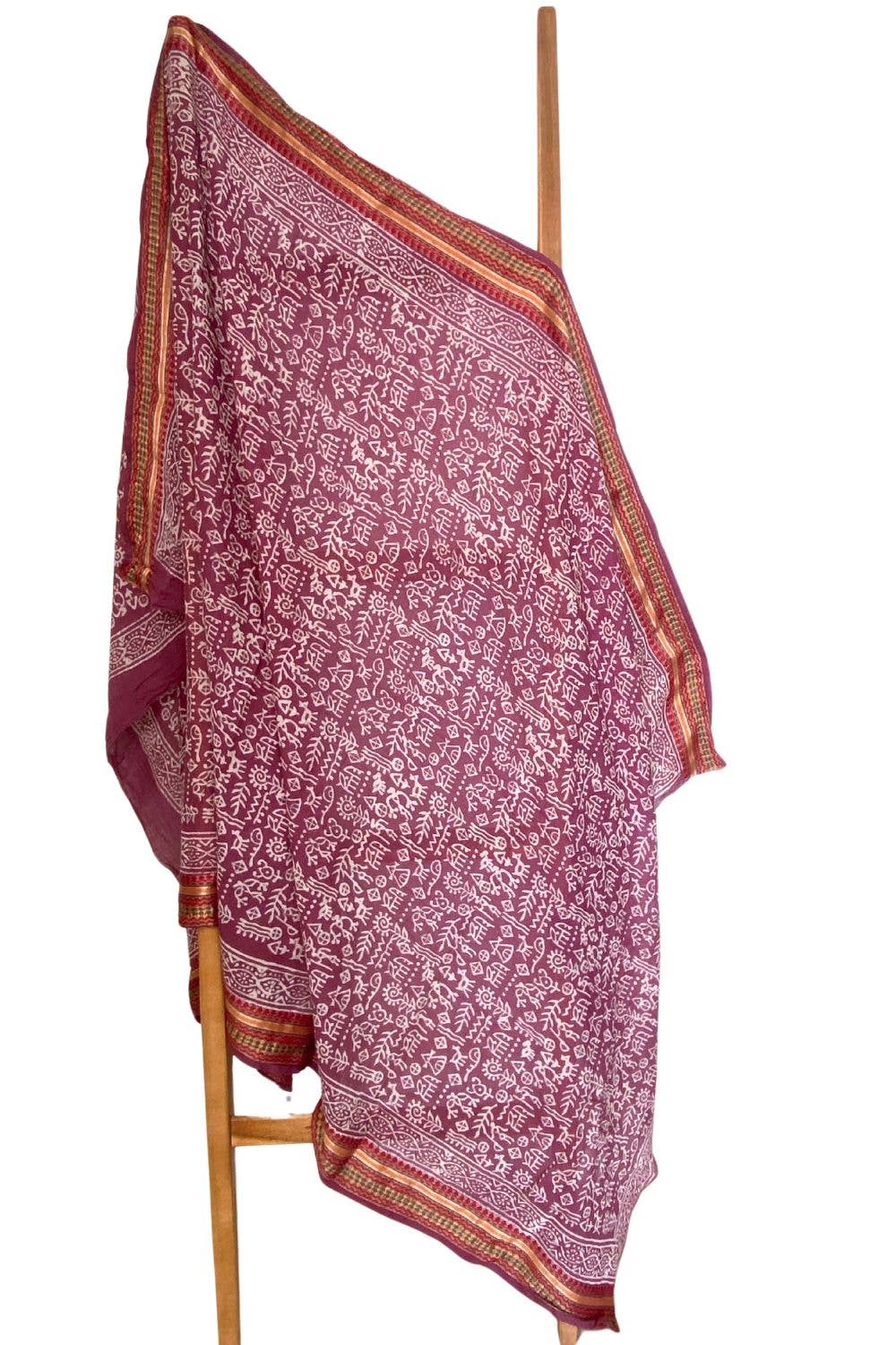 Naturally Dyed Block Printed Zari Sarong - Red Pigment