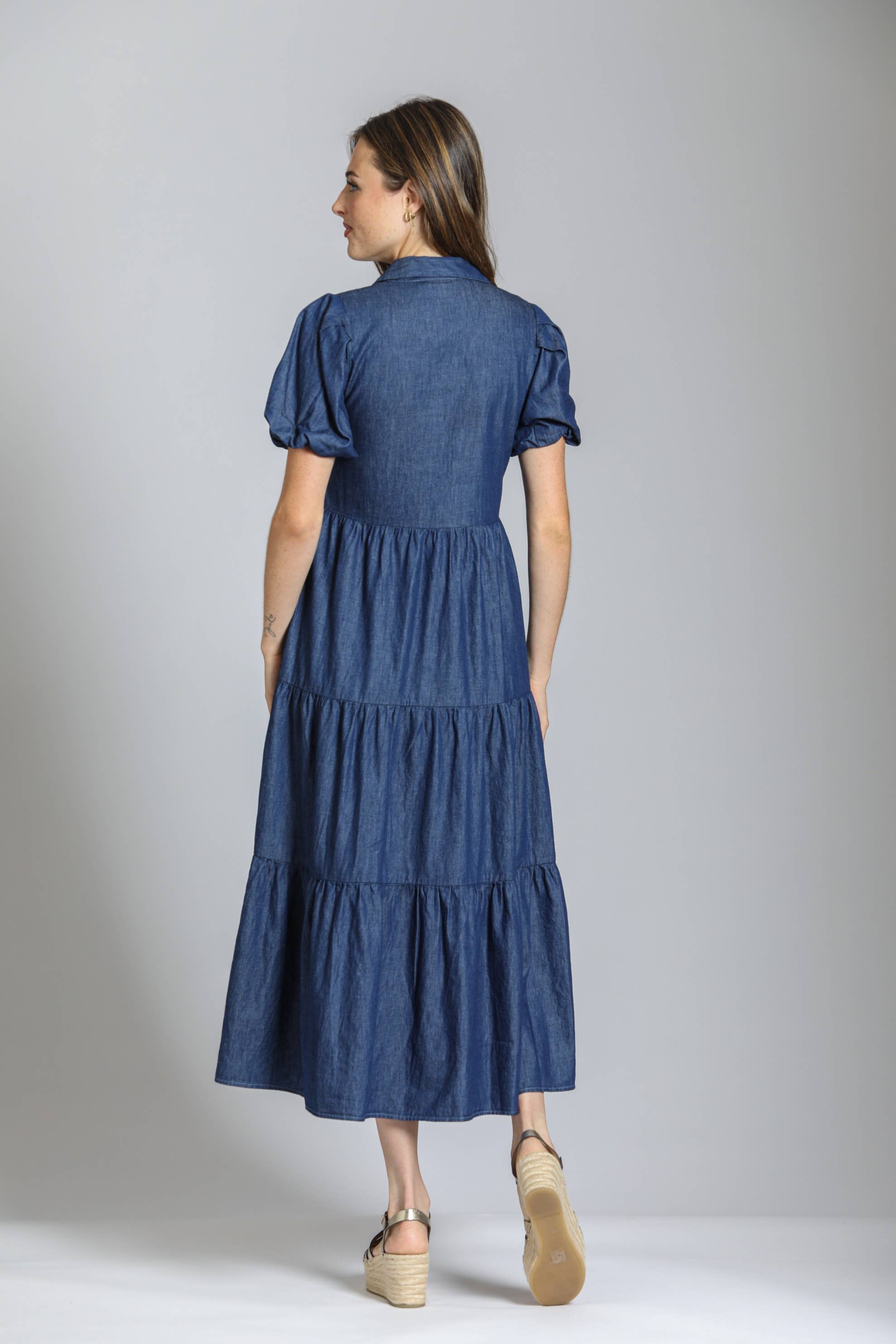 Medium Indigo Long Tiered Dress With Puff Sleeve