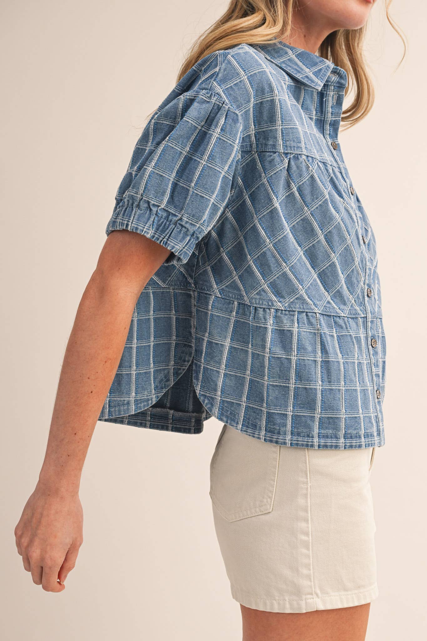 Checkered Denim Button Down Top