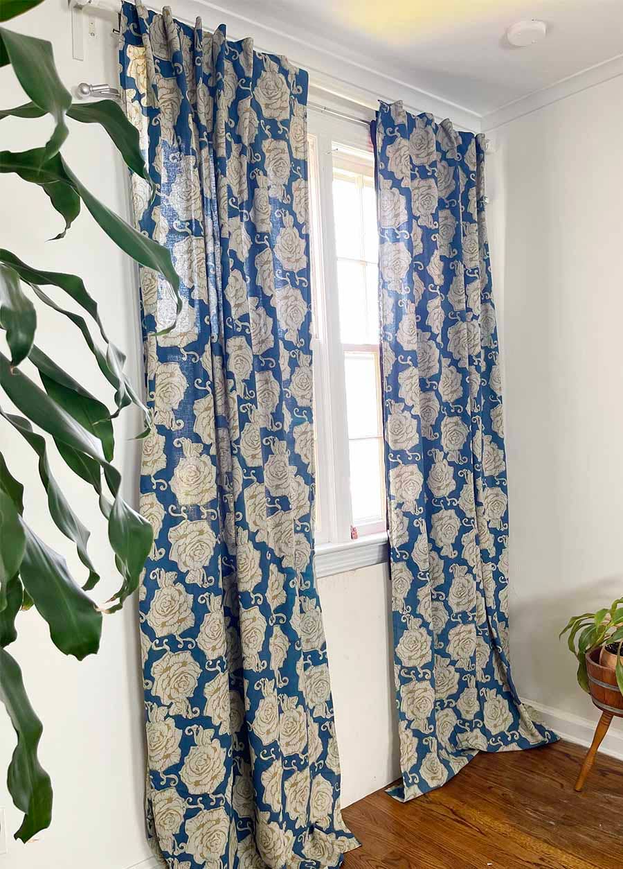 Light Blue & Gold Window Room Curtains Drapes - Rose Gold