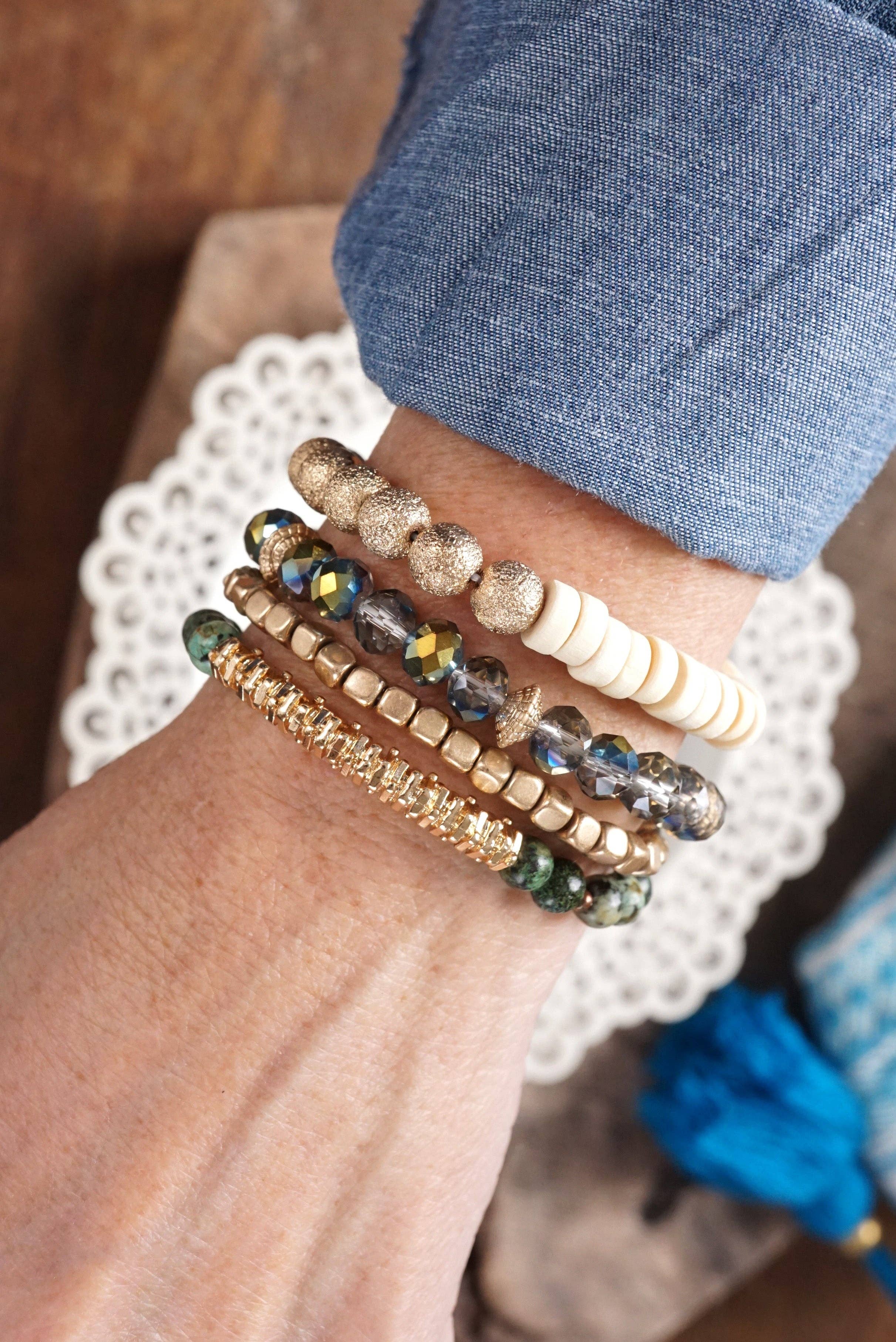 Bracelets stack of 4 piece beaded with Dark Green Semi Precious stones glass wooden and golden beads