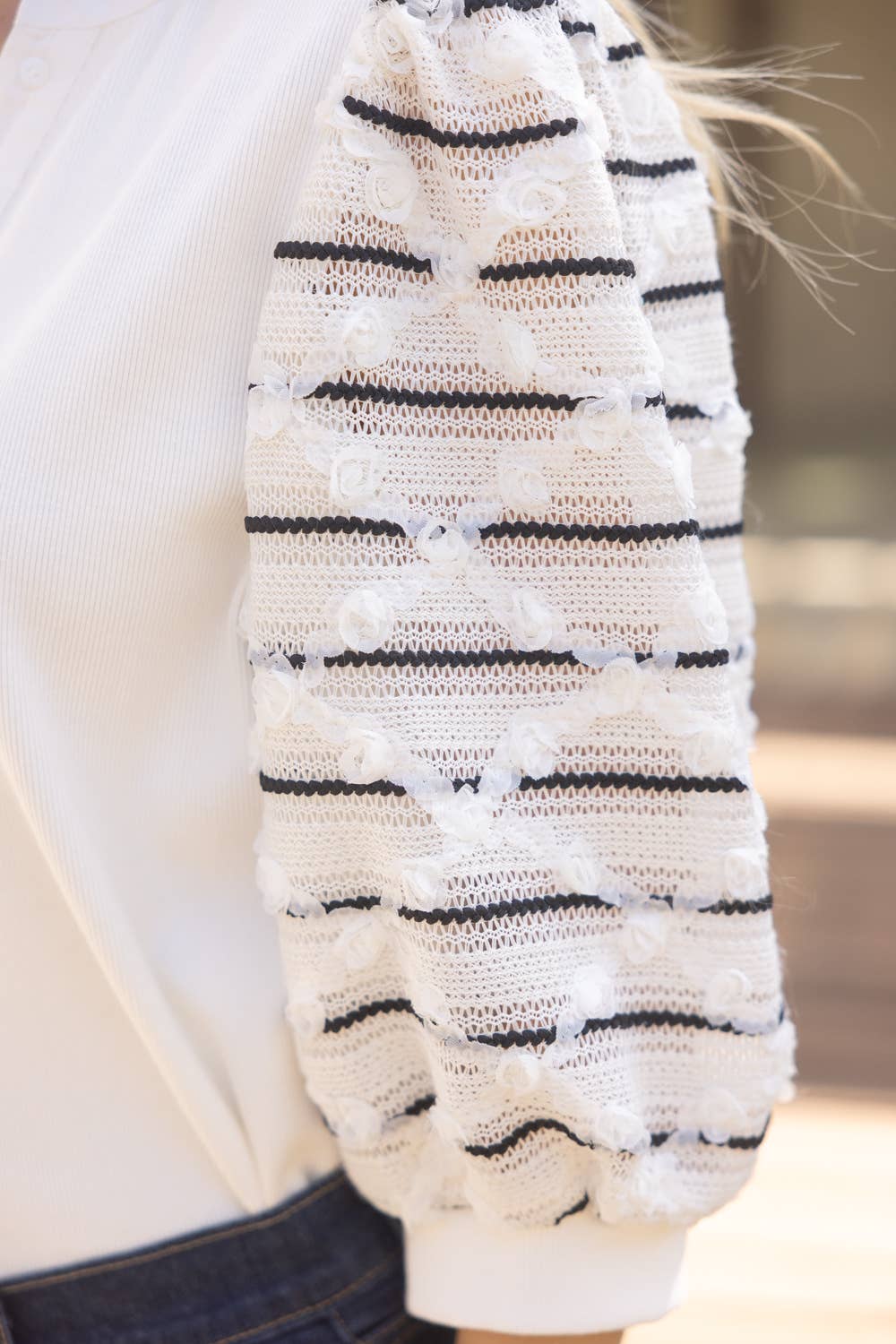 Puff Striped Diamond Tull Detailed Knit Top