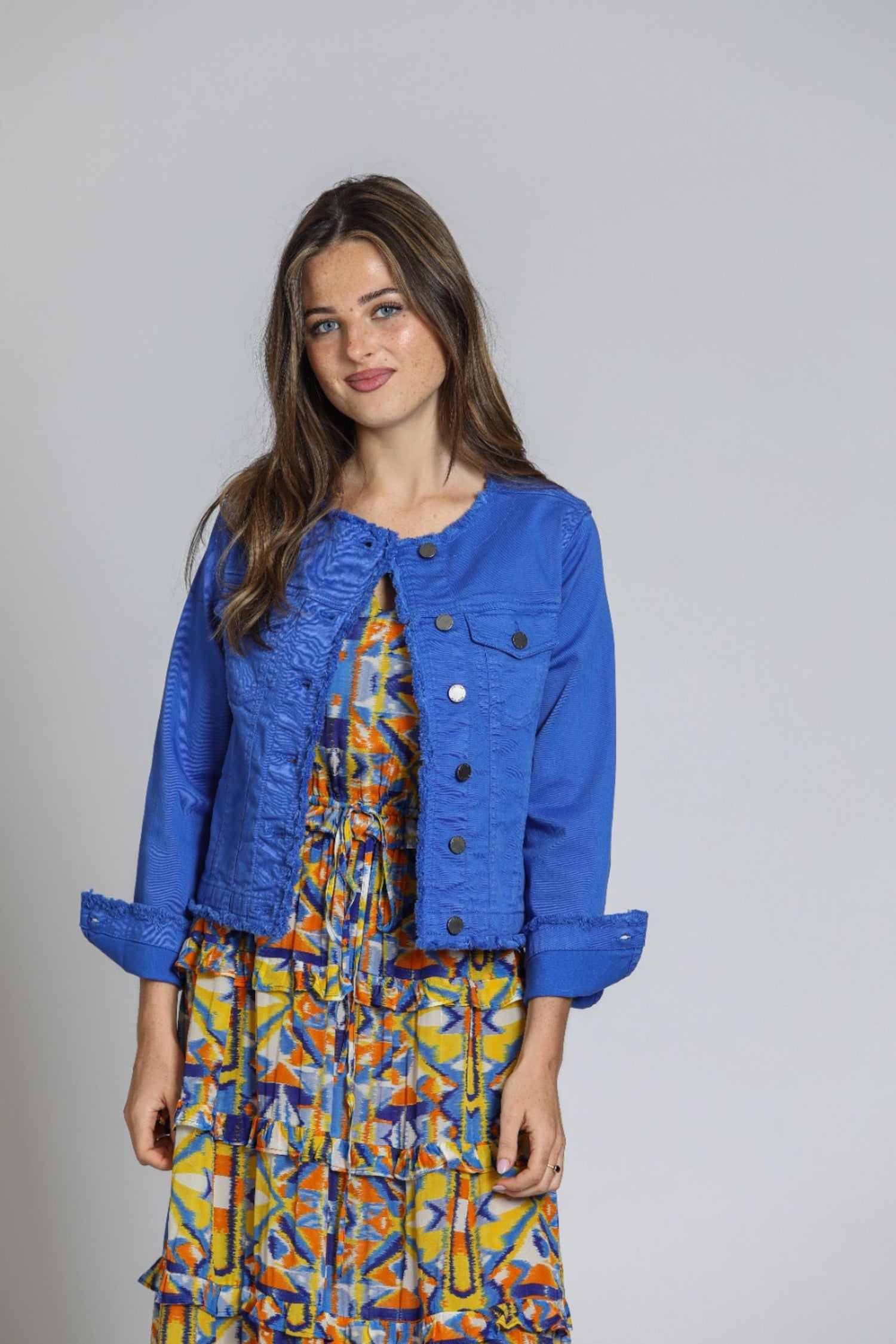 Dazzling Blue Collarless Jean Jacket with Frayed Detail