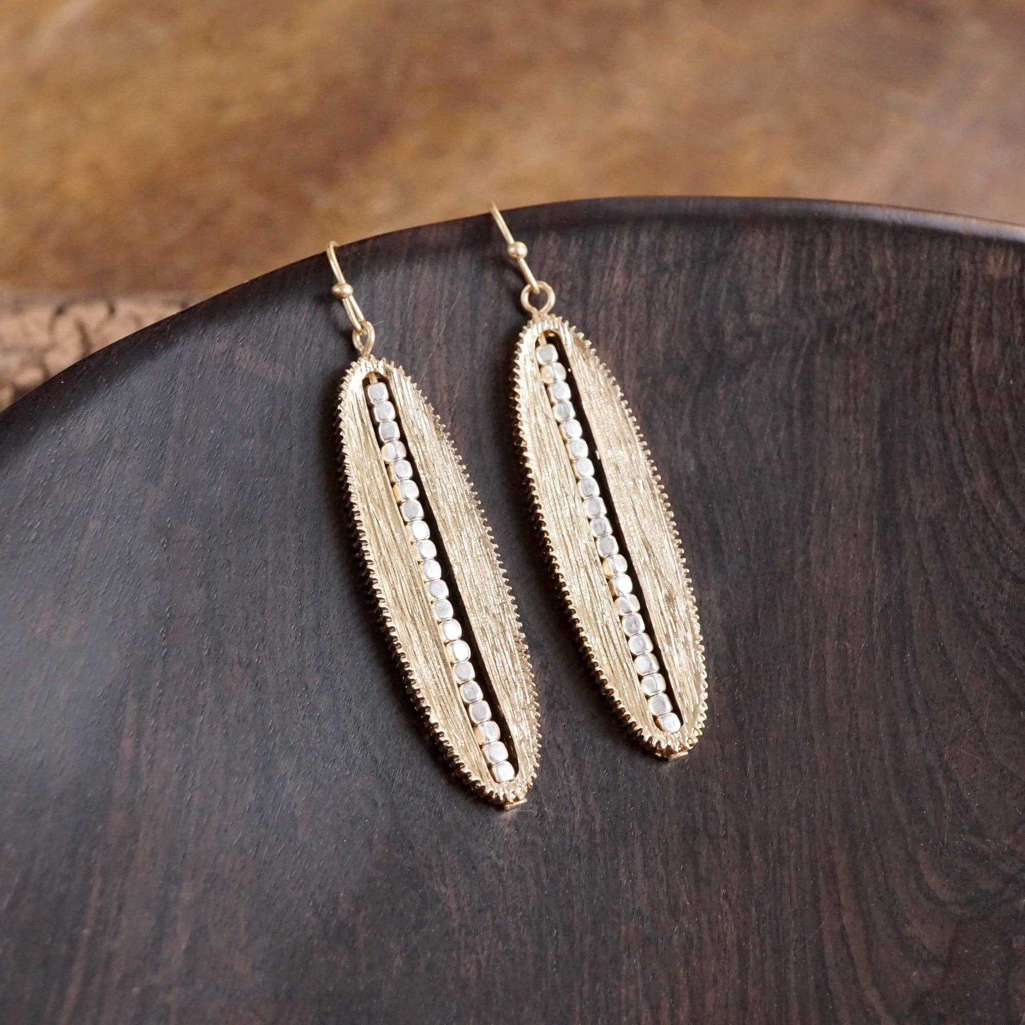 Minimalist Elongated Oval Dangle Earrings – Gold & Silver Accents