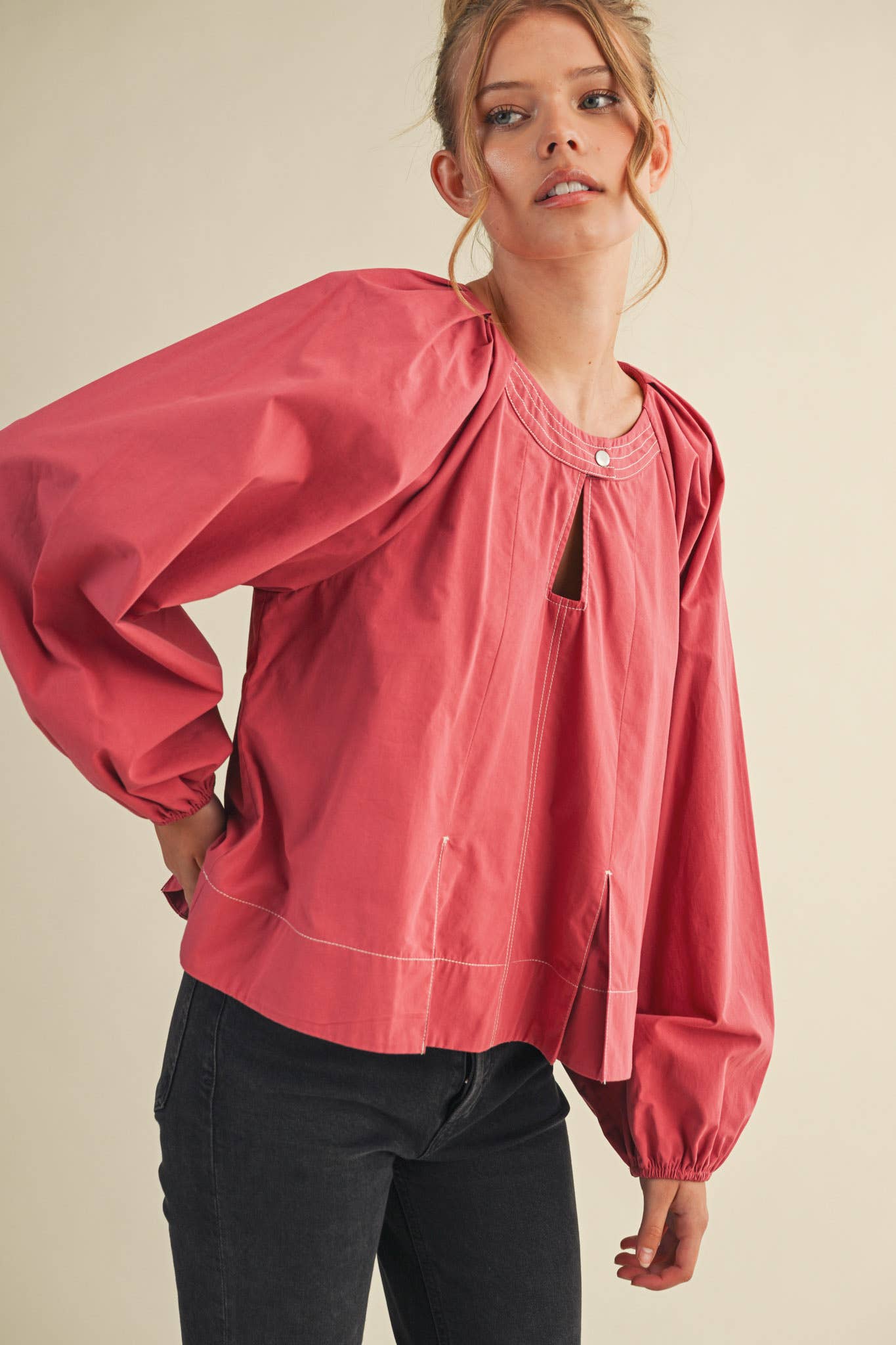 Contrast Stitch Pleated Blouse