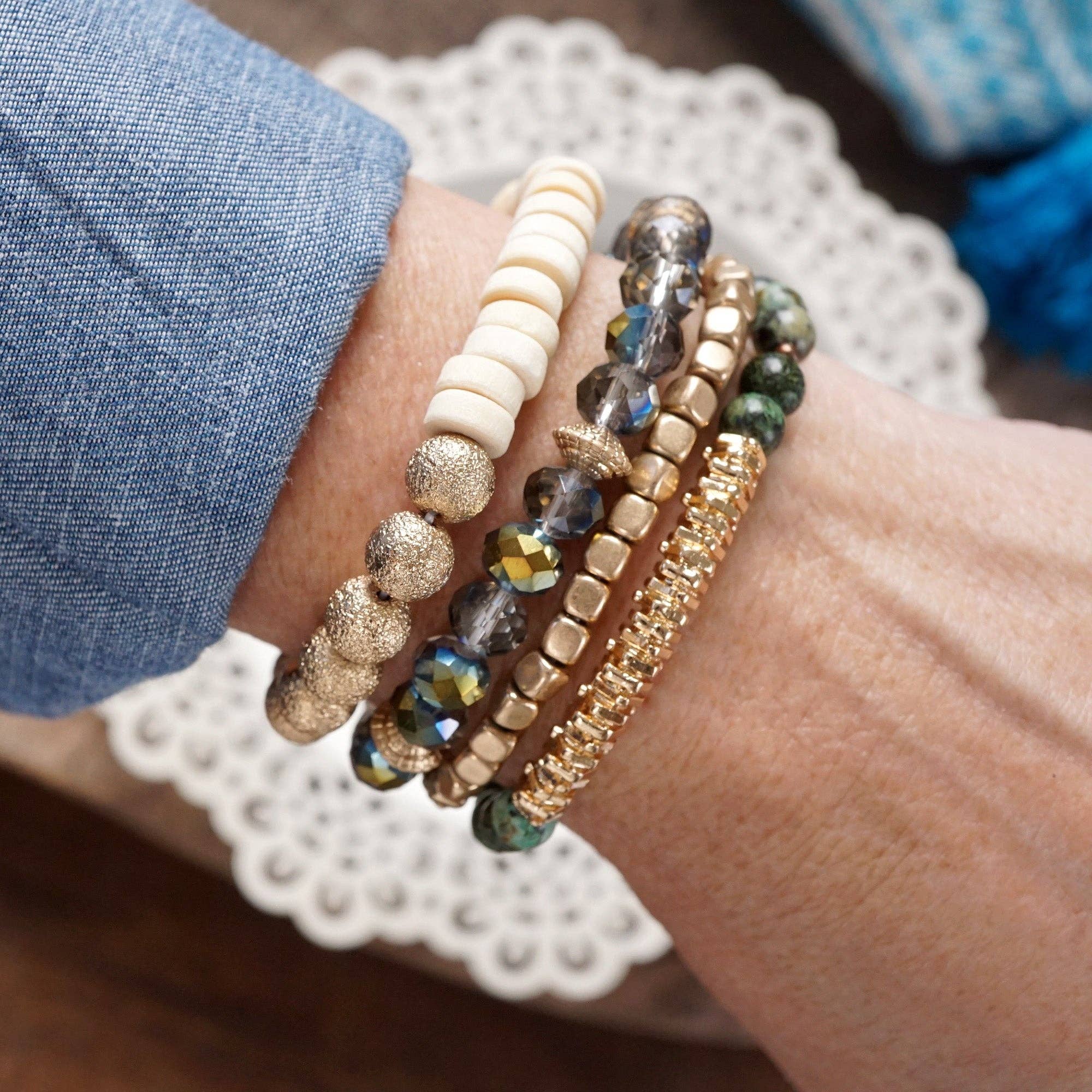 Bracelets stack of 4 piece beaded with Dark Green Semi Precious stones glass wooden and golden beads